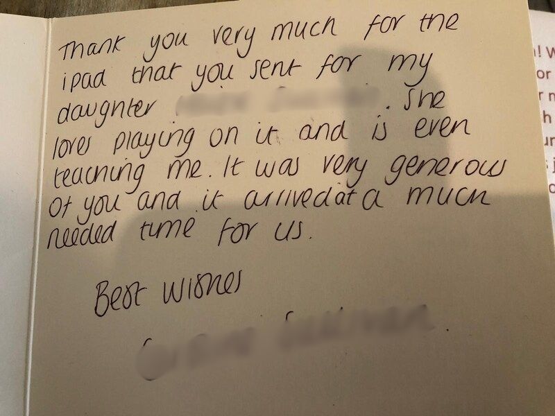 Handwritten thank you note from mum